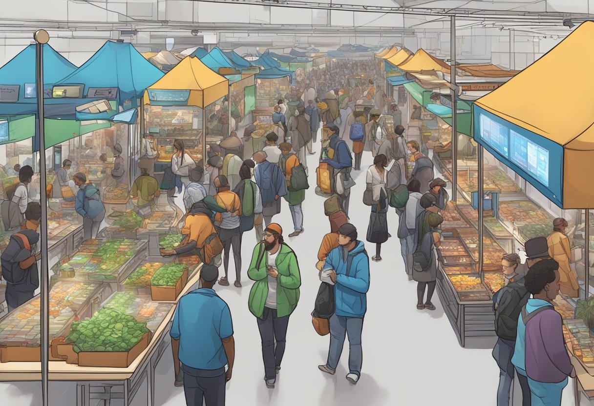A bustling market with game design and game development booths, each drawing in a different audience